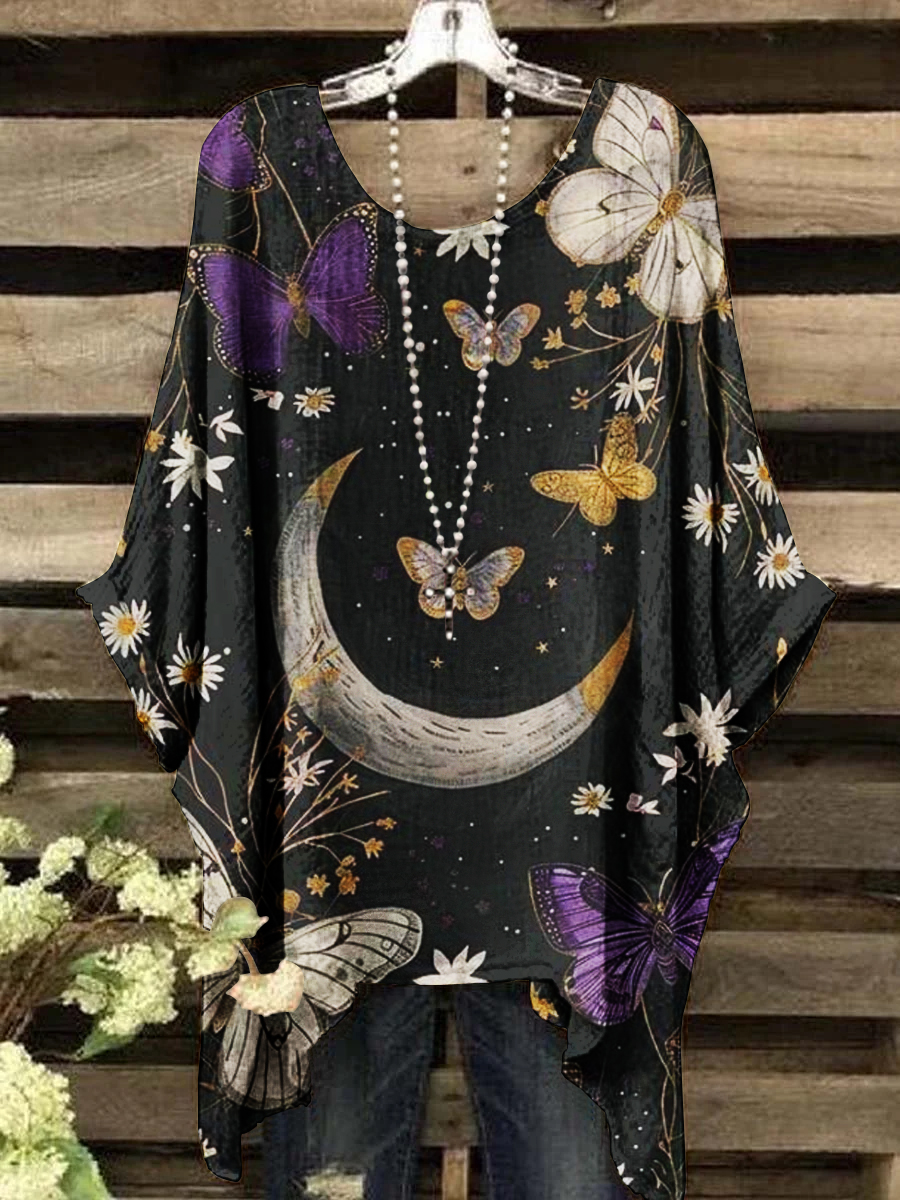 Women's Vintage Moon Butterfly Floral Mystery Print Casual Short Sleeve Top