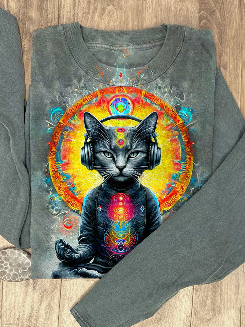 Fancy Yoga Cat Meditation Music Art Print Casual Sweatshirt