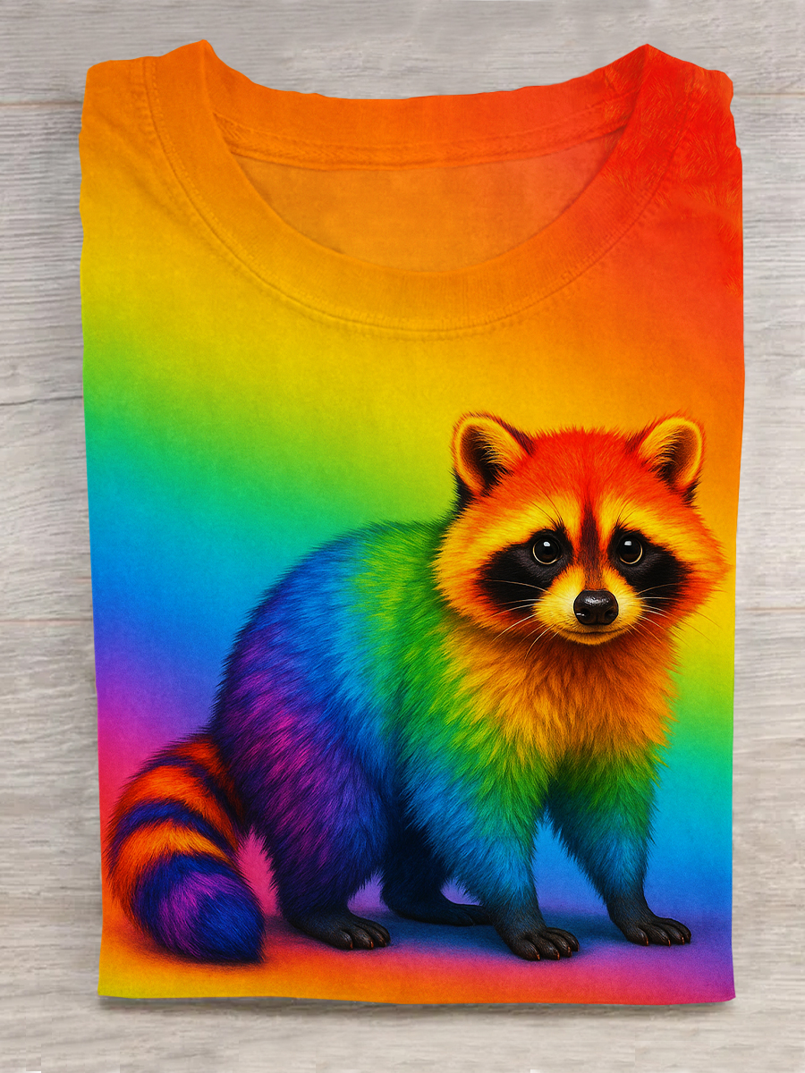 Rainbow Gradient Funny Raccoon Art Print Short Sleeve T-Shirt