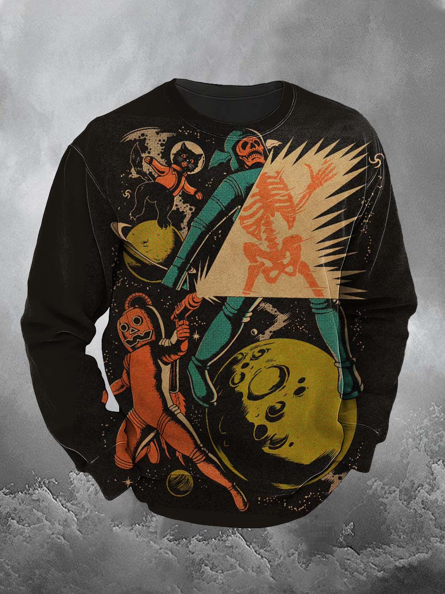 Pumpkin Head Skull Black Cat Space Wars Halloween Art Print Casual Sweatshirt