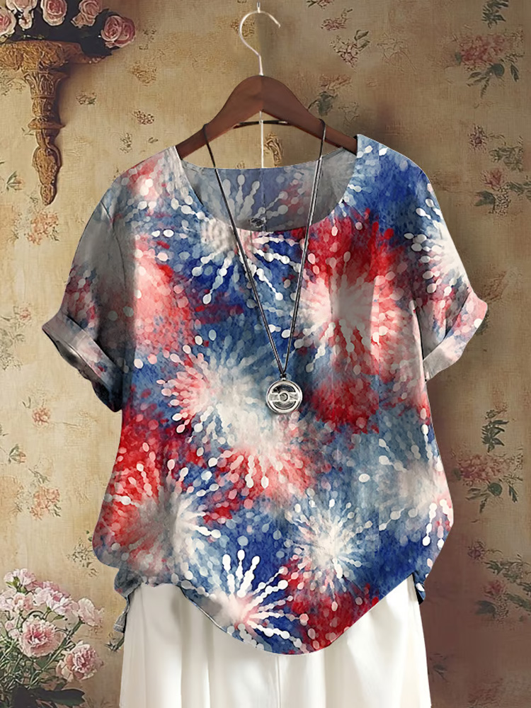Women's Casual Cotton And Linen Independence Day Fireworks Short-sleeved Round Neck Shirt
