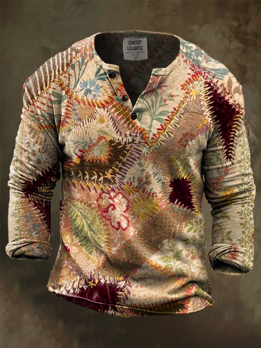Vintage Patchwork Art Print Henley Sweatshirt