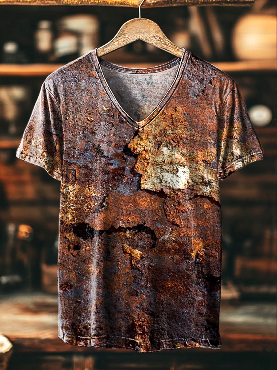 Unisex Vintage Aged Symmetrical Floral Print Casual V-Neck T-Shirt