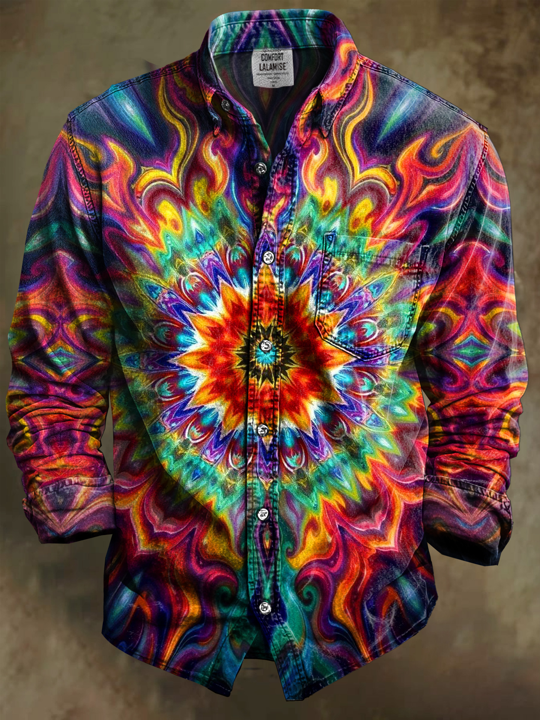 Vintage Abstract Rainbow Floral Art Print 100% Cotton Long Sleeve Shirt
