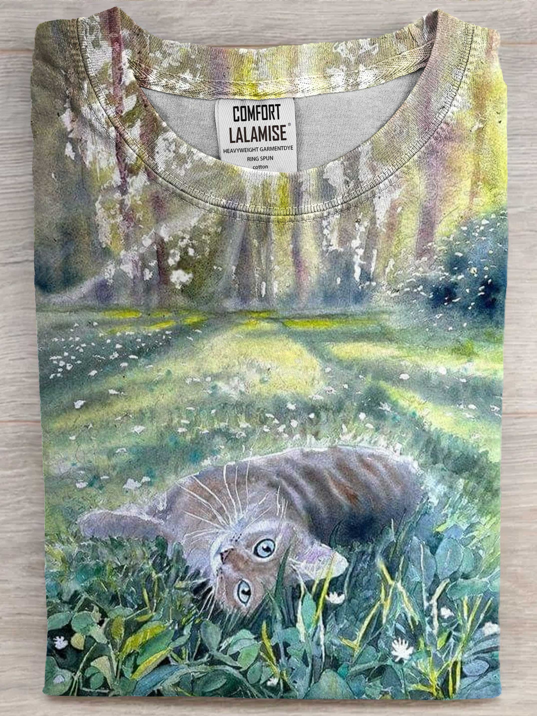 Watercolor Cat Nature Art Print Casaul Short Sleeve T-shirt