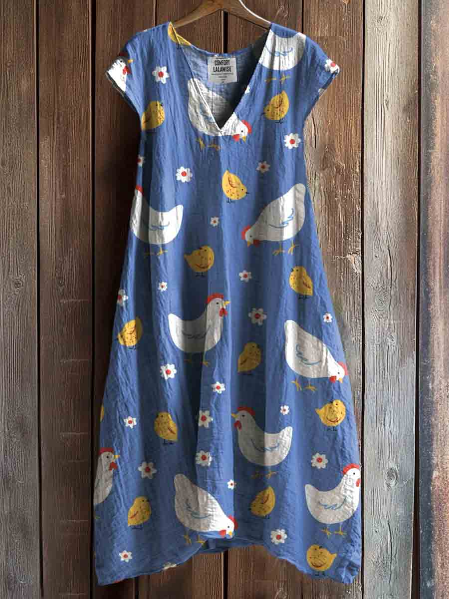 Cute Chicken Art Print V-neck Pocket Cotton Dress