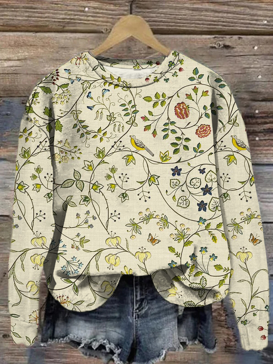 Spring Flower Fairy Printed Crew-Neck Retro Fashion Loose Long Sleeved Sweatshirt