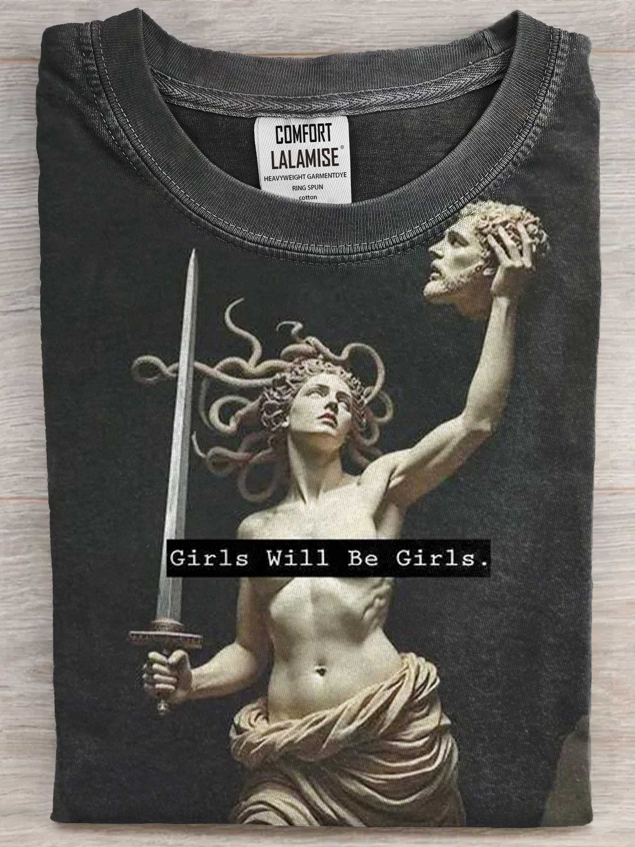 Girl Will Be Girls Shirts Medusa Feminist Women Art Print Casaul Short Sleeve T-shirt
