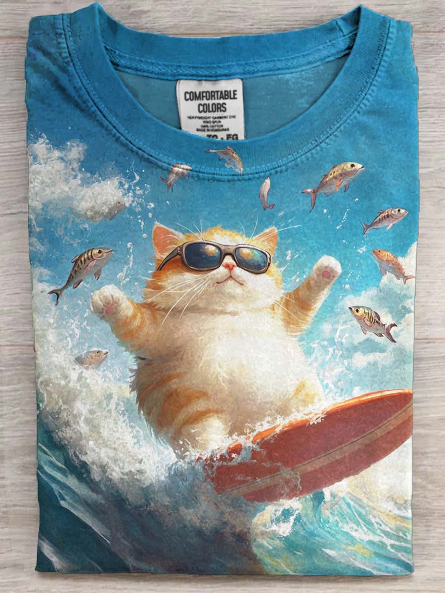 Fun Summer Surfing Cat Print Casual Short Sleeve T-Shirt
