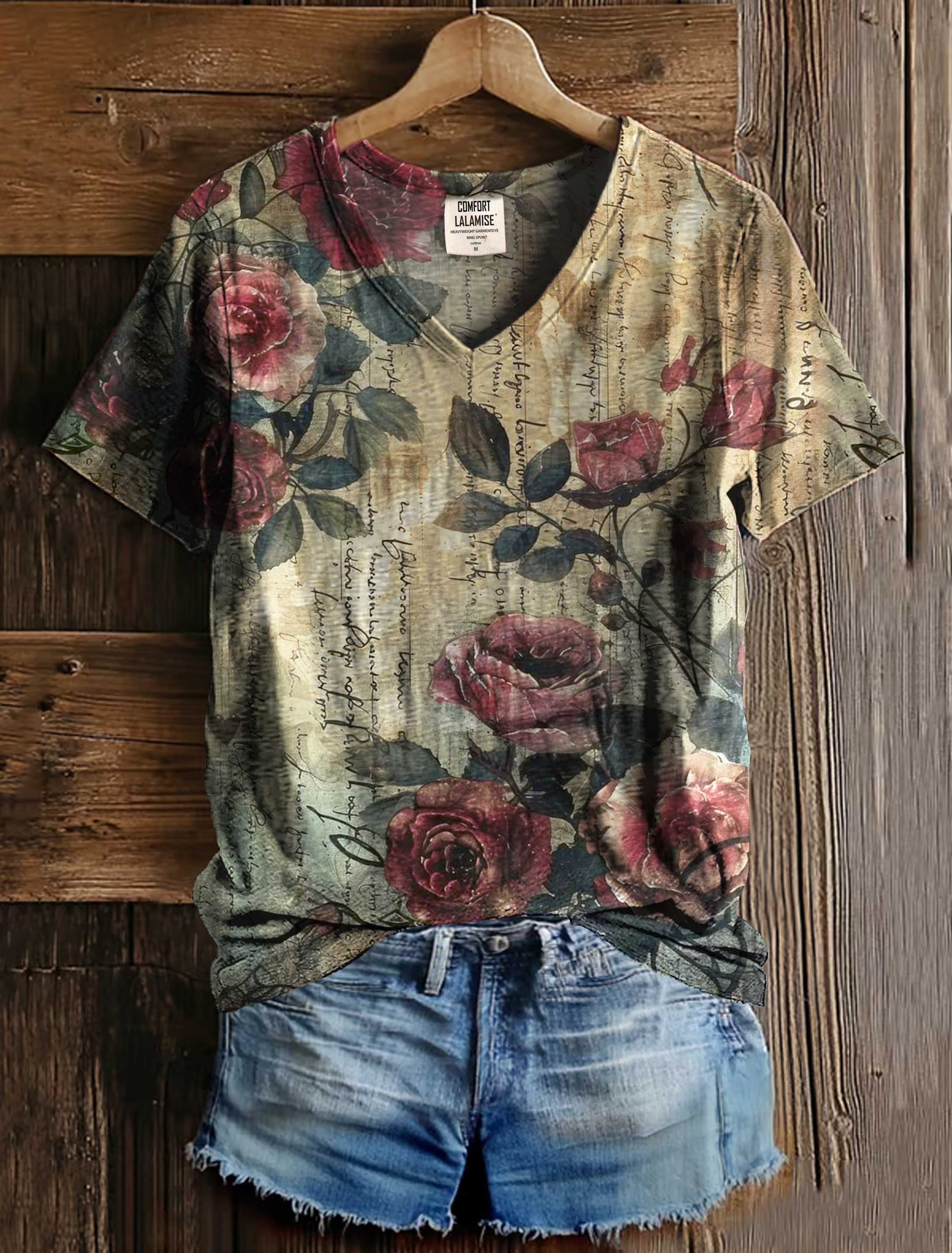 Vintage Rose Art Print V-neck Casual T-Shirt