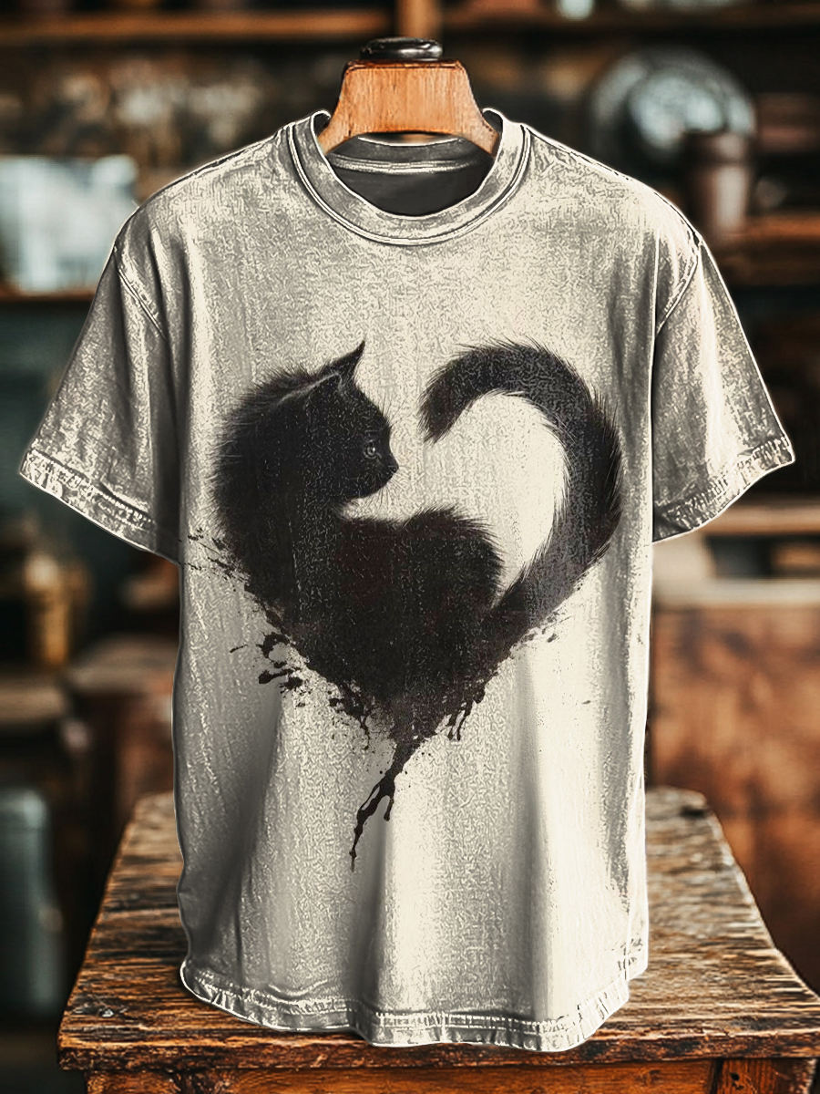 Unisex Fun Black Cat Love Print Casual Loose T-Shirt