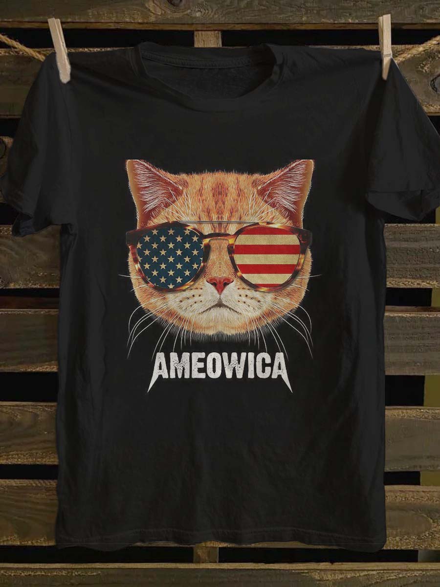 Independence Day Cat Print Casual Short Sleeve T-Shirt