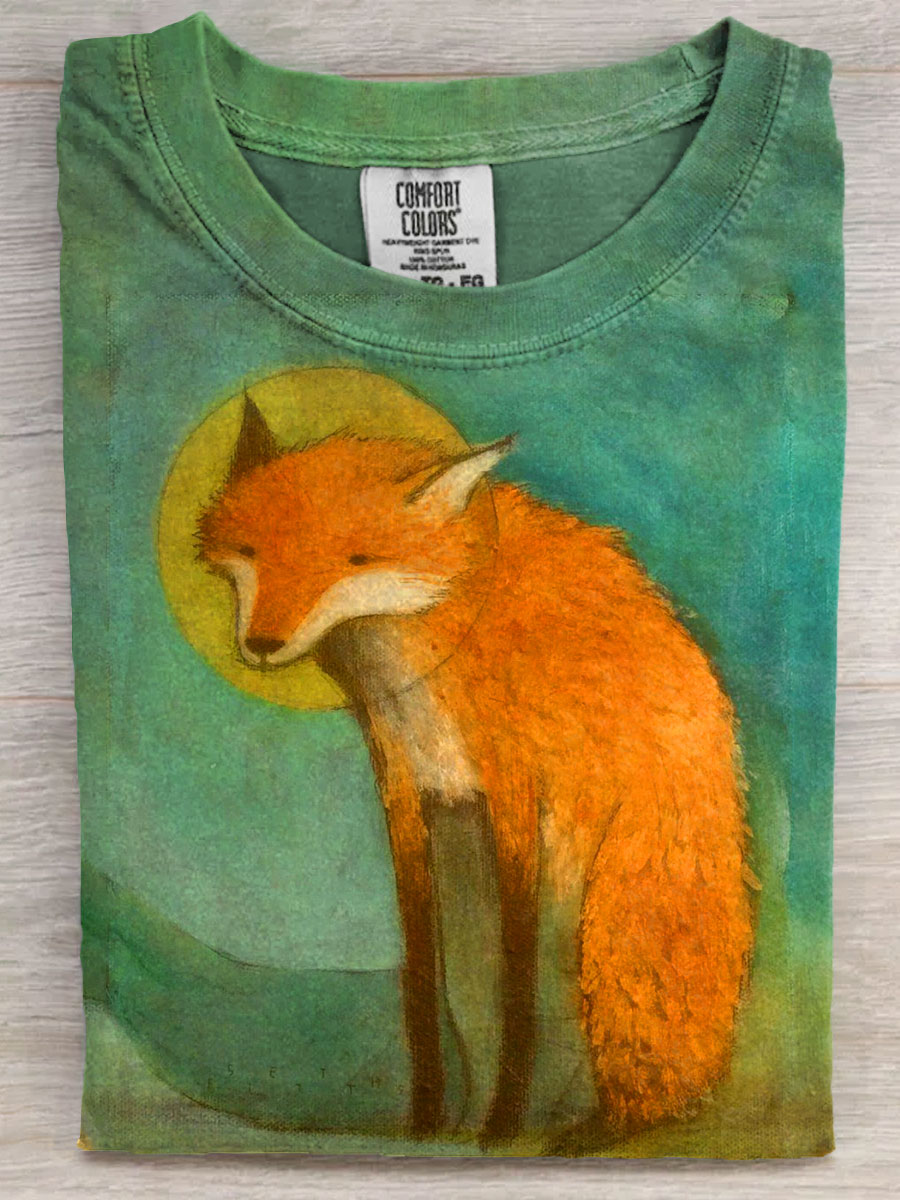 Vintage Fox Art Print Casaul Short Sleeve T-shirt