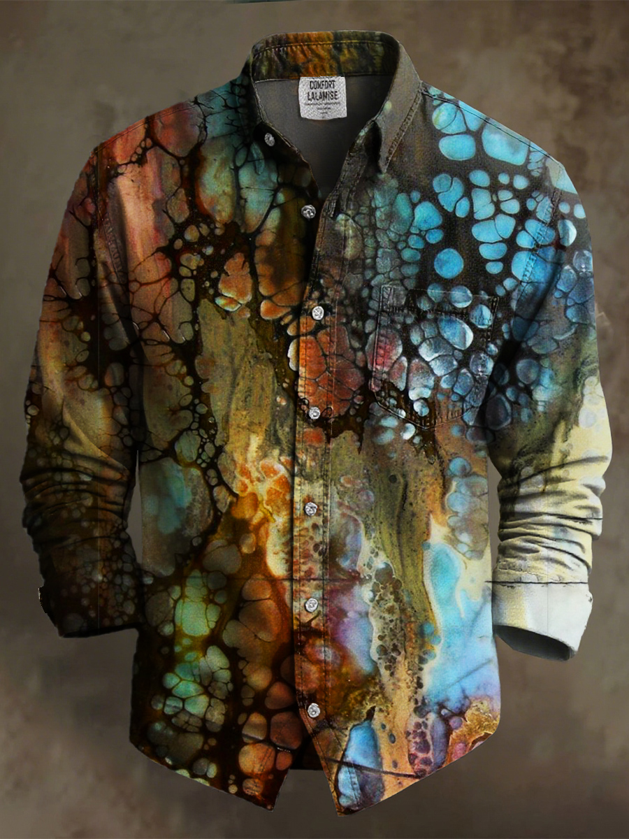 Vintage Multicolor Pattern Art Print 100% Cotton Long Sleeve Shirt