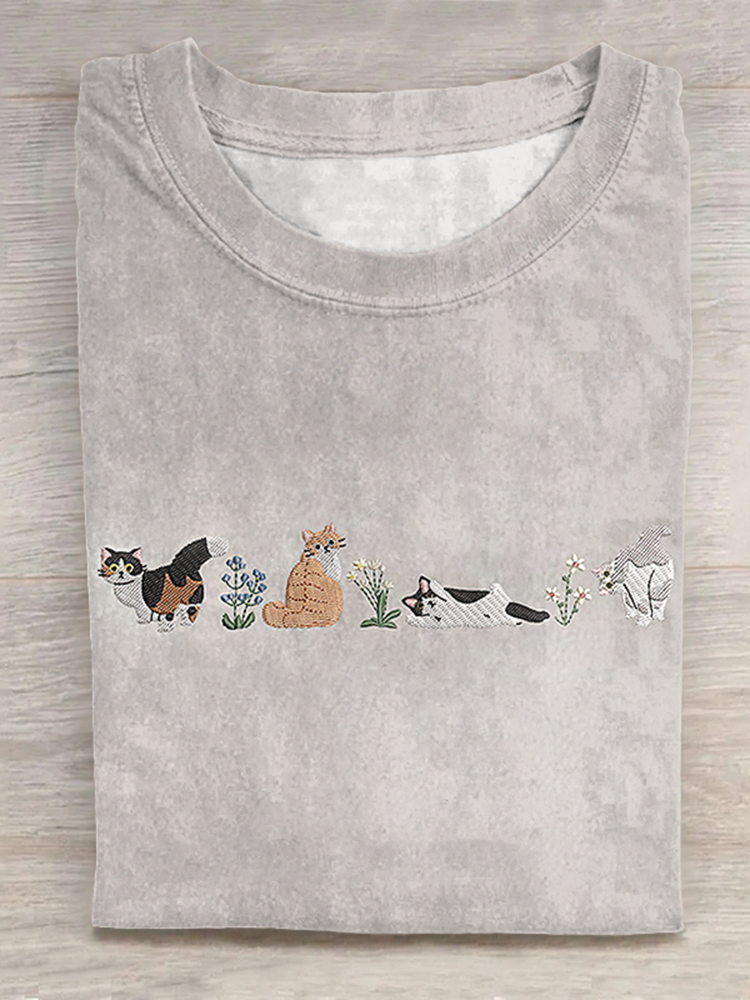 Women's Retro Funny Cat Art Short Sleeve T-shirt