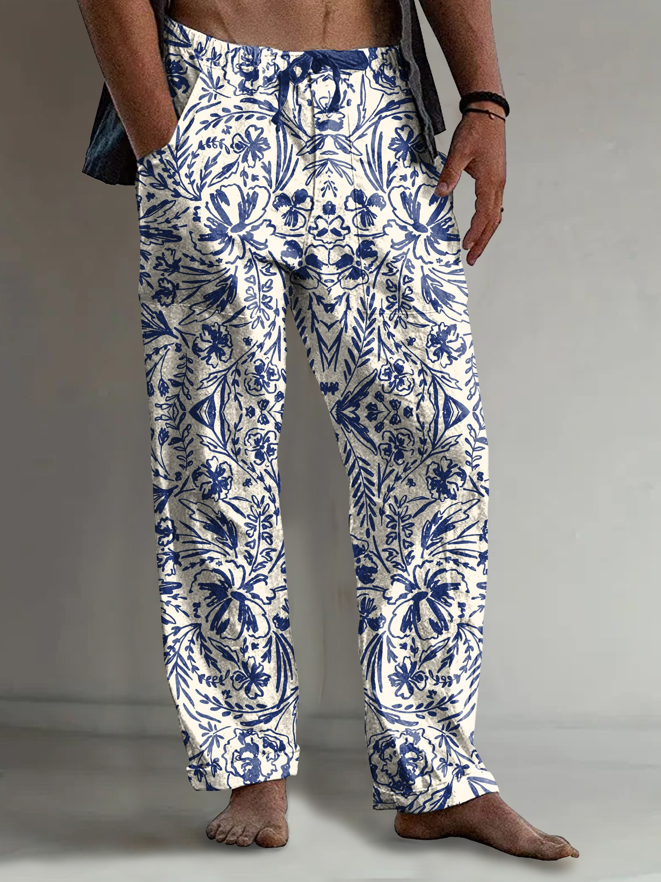 Men's Vintage Blue Floral Art Print Comfy 100% Cotton Pants
