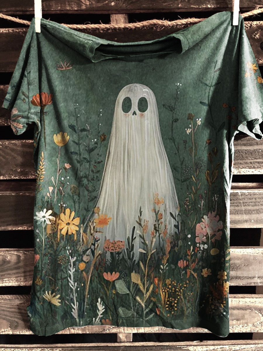 Vintage Ghost Prints Casual T-shirt