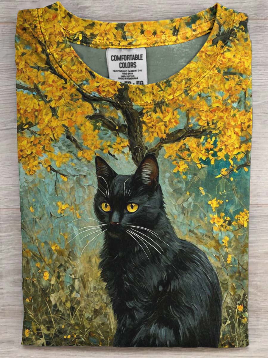 Cat Under the Oil Painting Tree Print Casual Short Sleeve T-Shirt