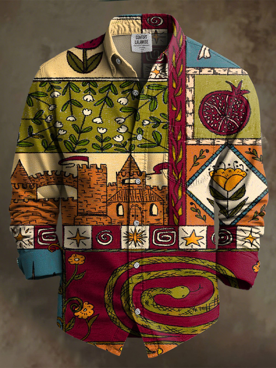 Vintage Multicolor Pattern Art Print 100% Cotton Long Sleeve Shirt