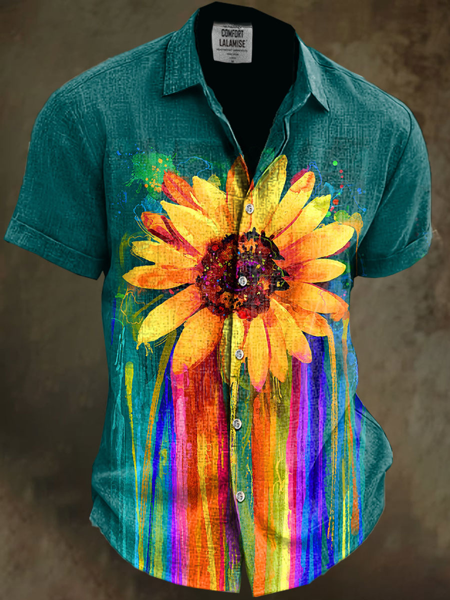 Rainbow Sunflower Art Print Casual Cotton And Linen Shirt