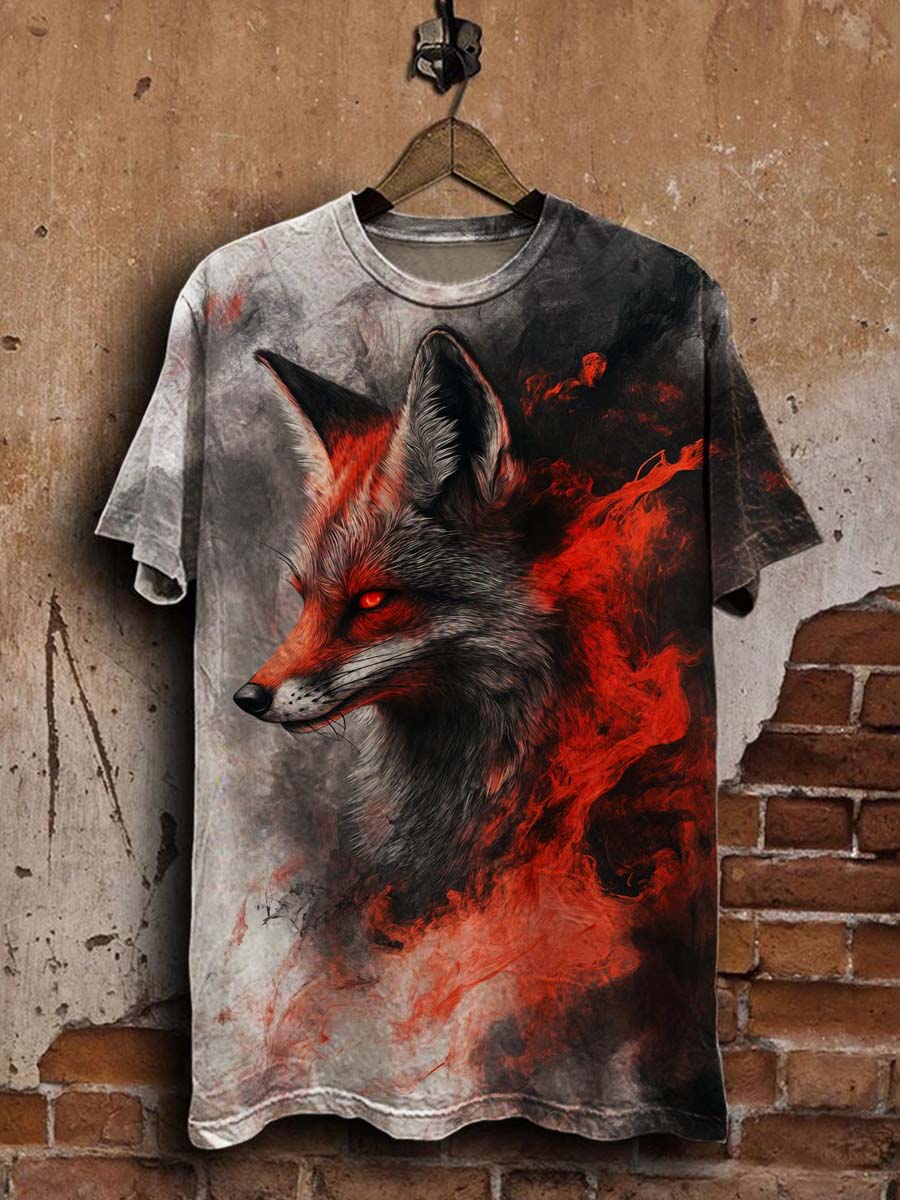 Misty Red Eye Fox Print Casual Short Sleeve T-Shirt