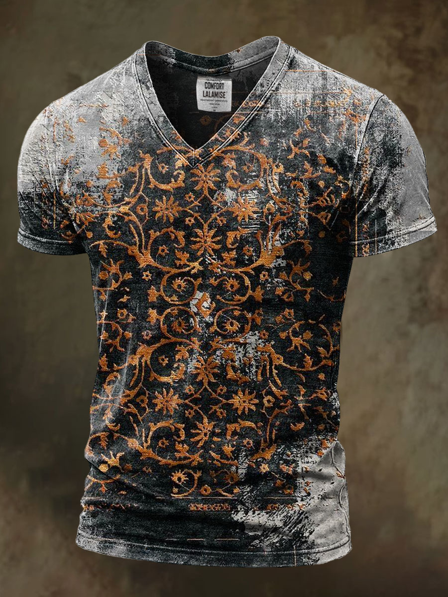 Retro Ethnic Art Print Casaul Short Sleeve V-neck T-shirt