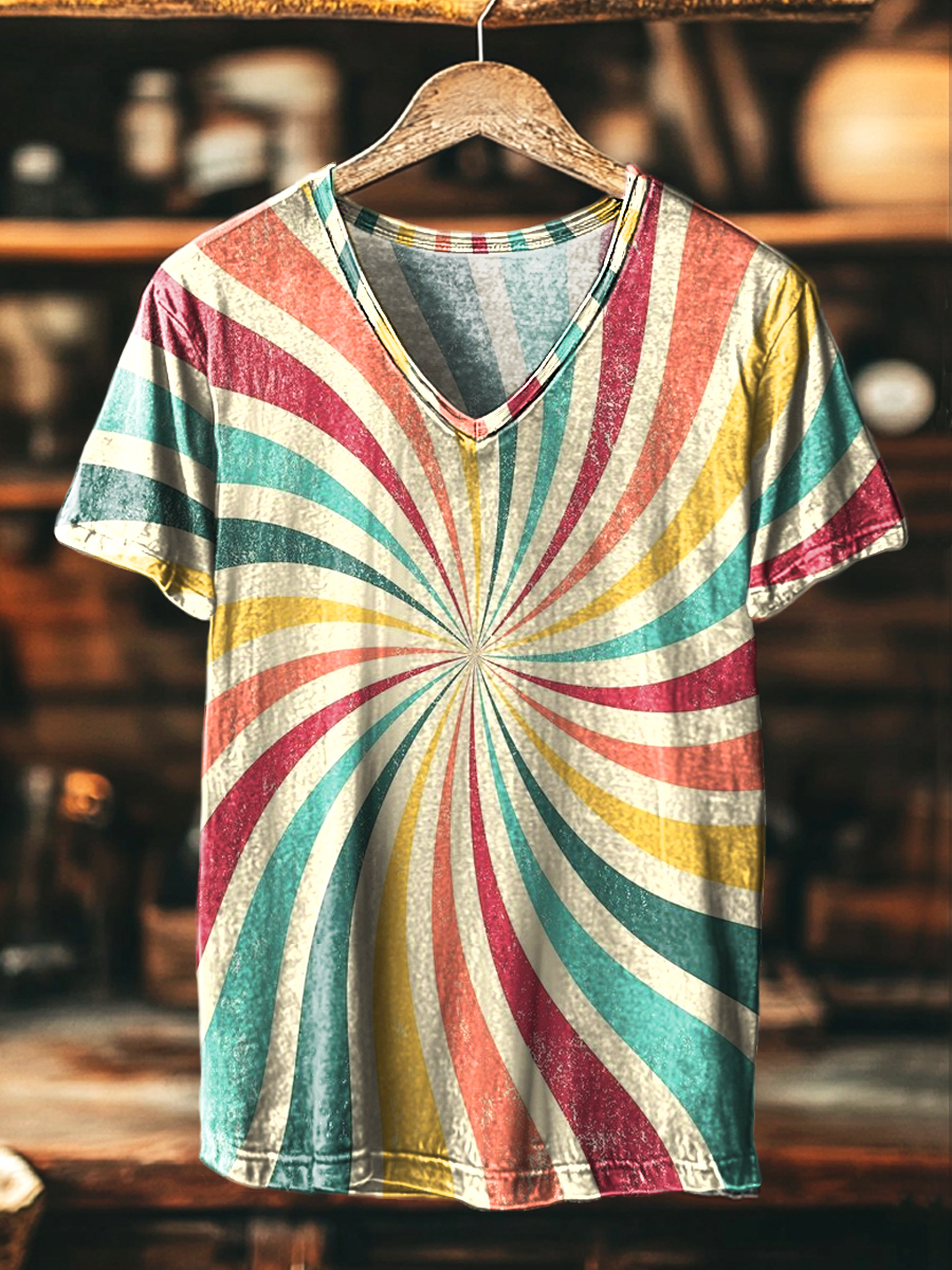 Unisex Vintage Nostalgia Stripe Swirl Print Casual V-Neck T-Shirt