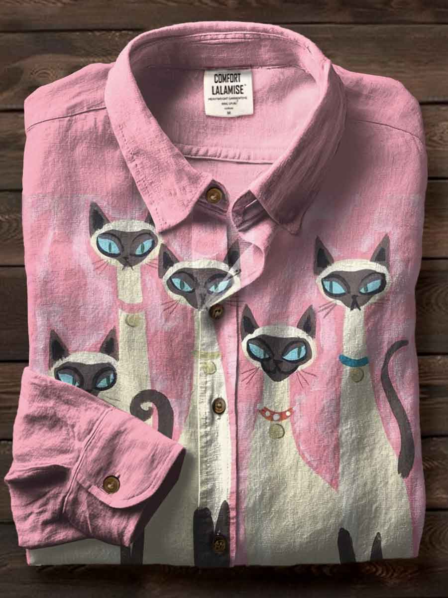 Retro Siamese cat Art Print Casual Cotton Shirt