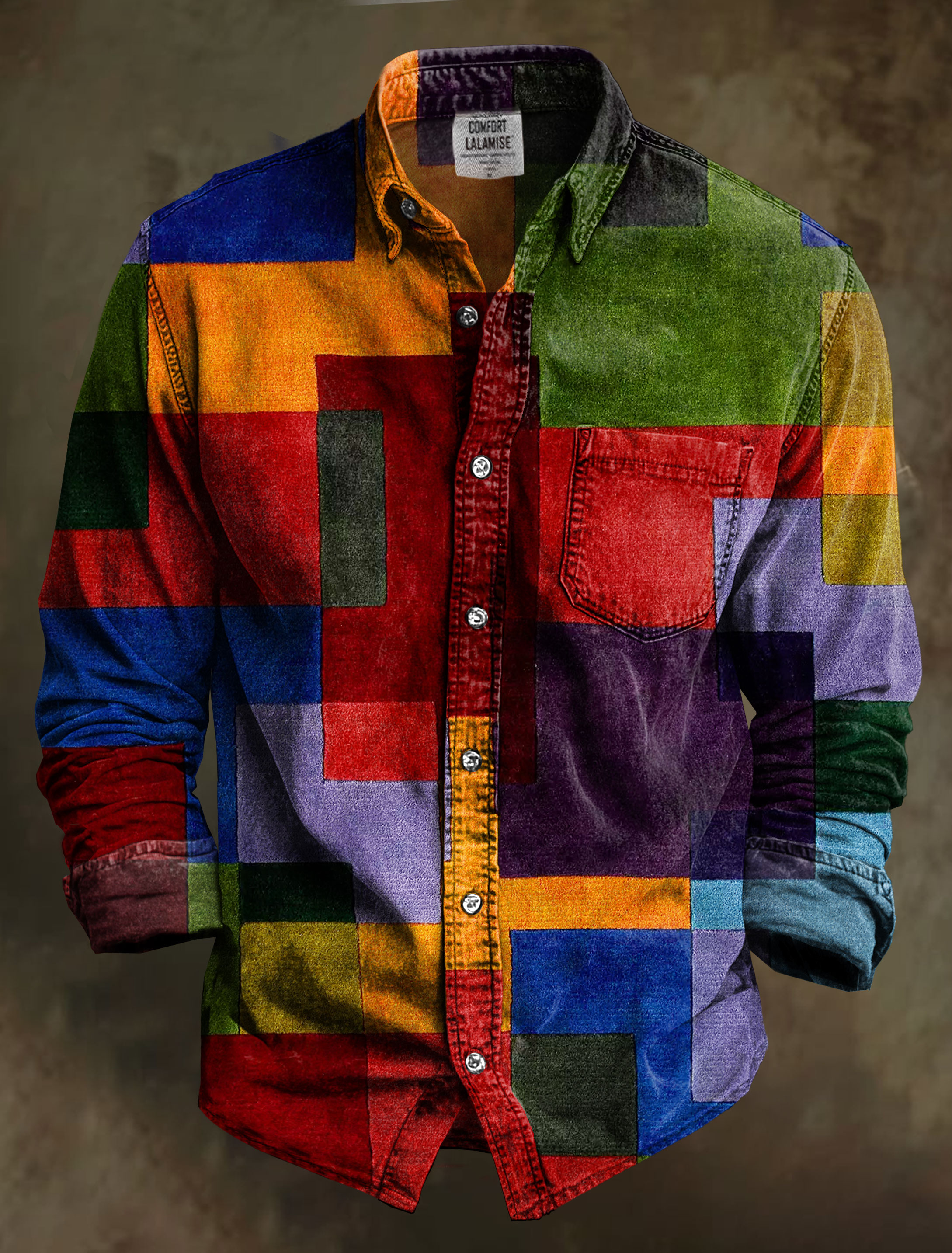Vintage Color Block Art Print 100% Cotton Long Sleeve Shirt