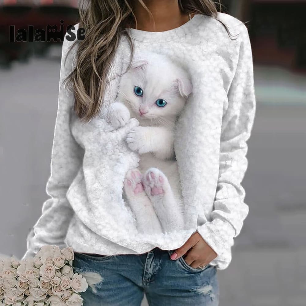 Cat Print Round Neck Casual Sweatshirt