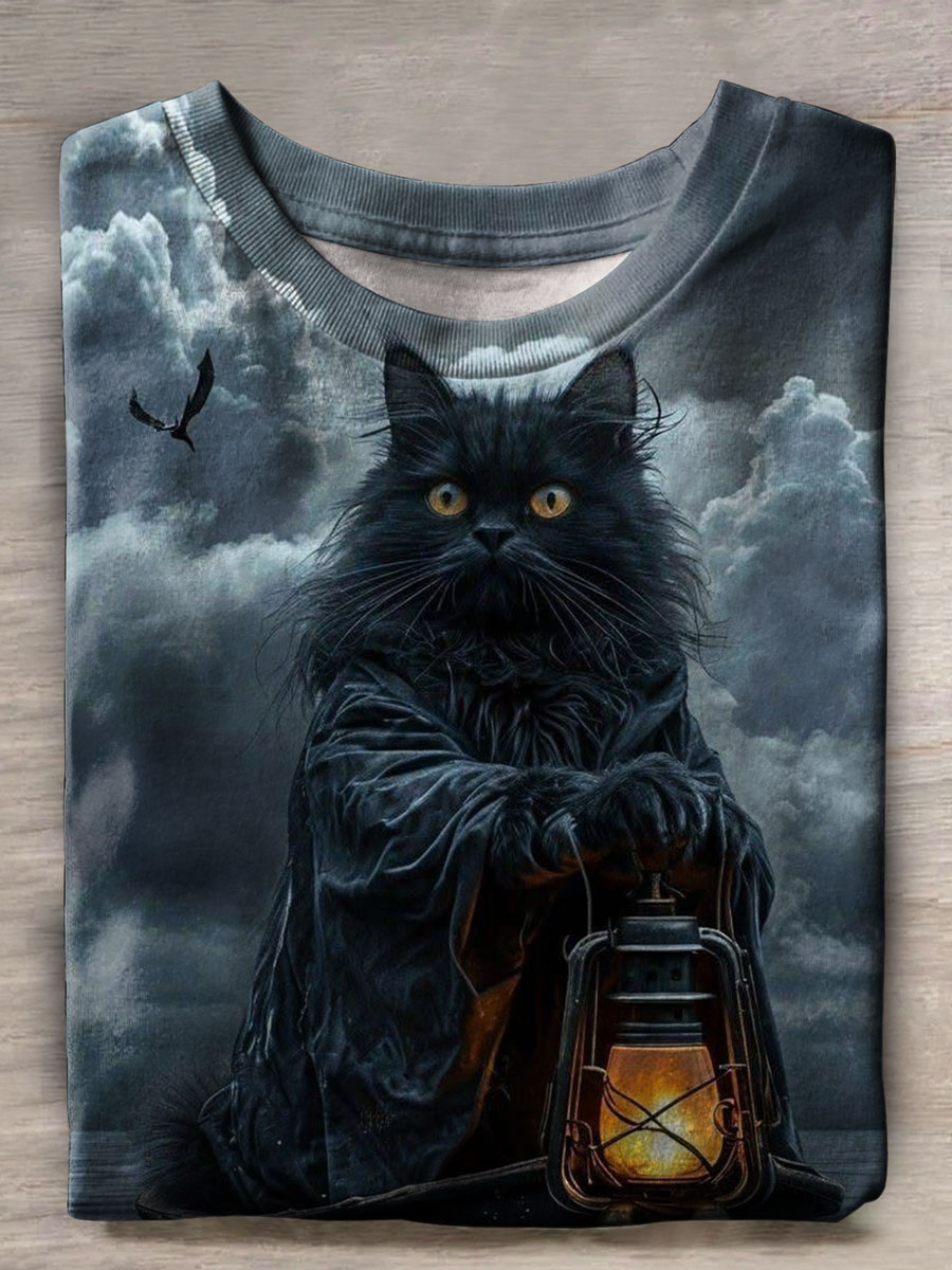 Black Cat Print Casual T-shirt