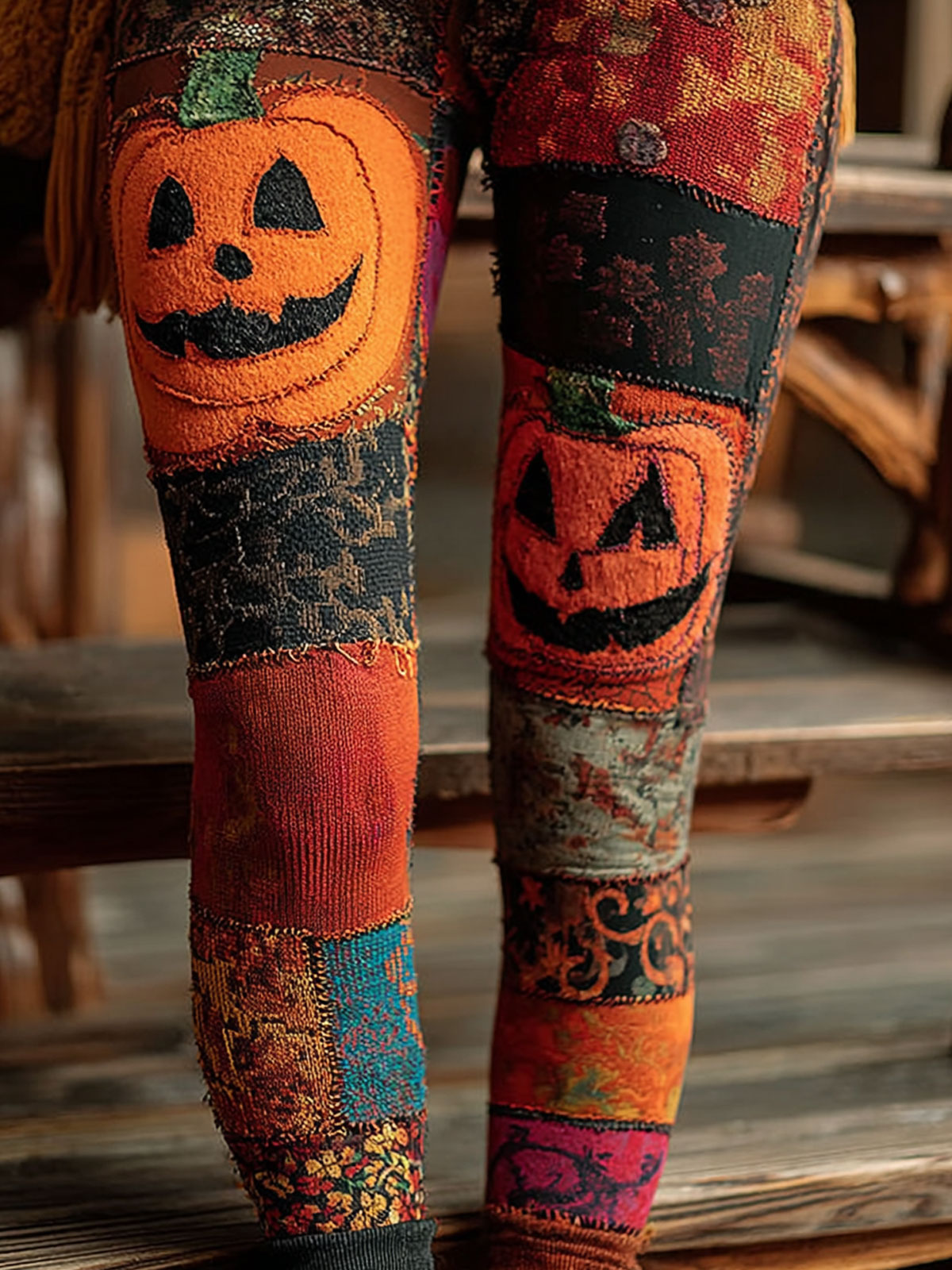 Halloween Patchwork Knit Art Print Casual Spirit Stretch Leggings
