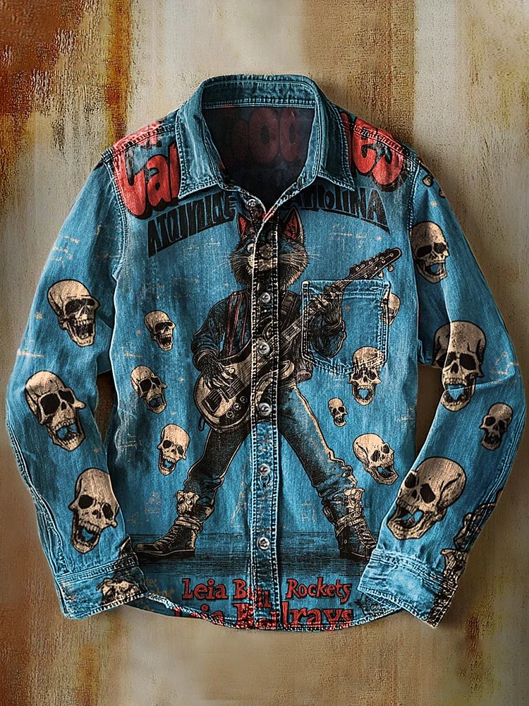 Vintage Rock Cat Skull Art Print 100% Cotton Long Sleeve Shirt