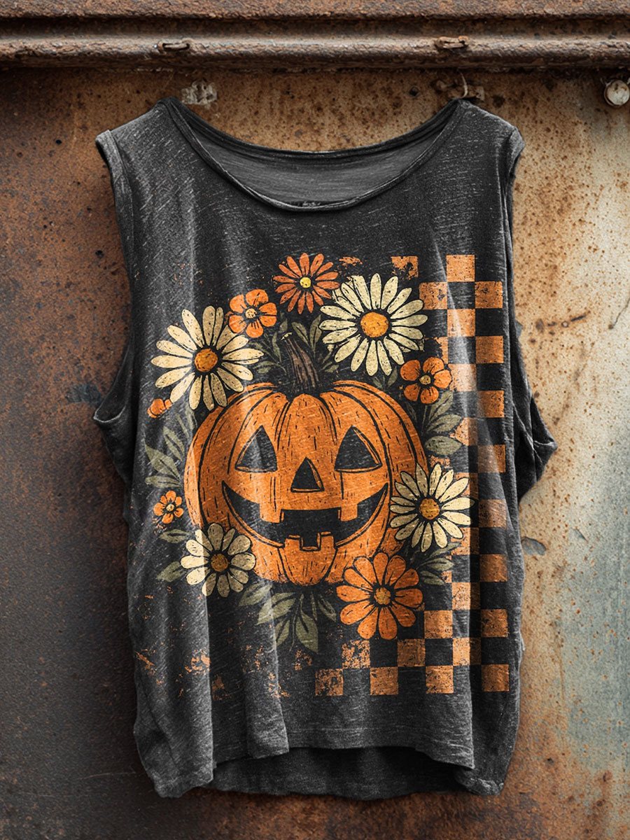 Vintage Halloween Pumpkin Flowers Print 100% Cotton Casual Tank Top
