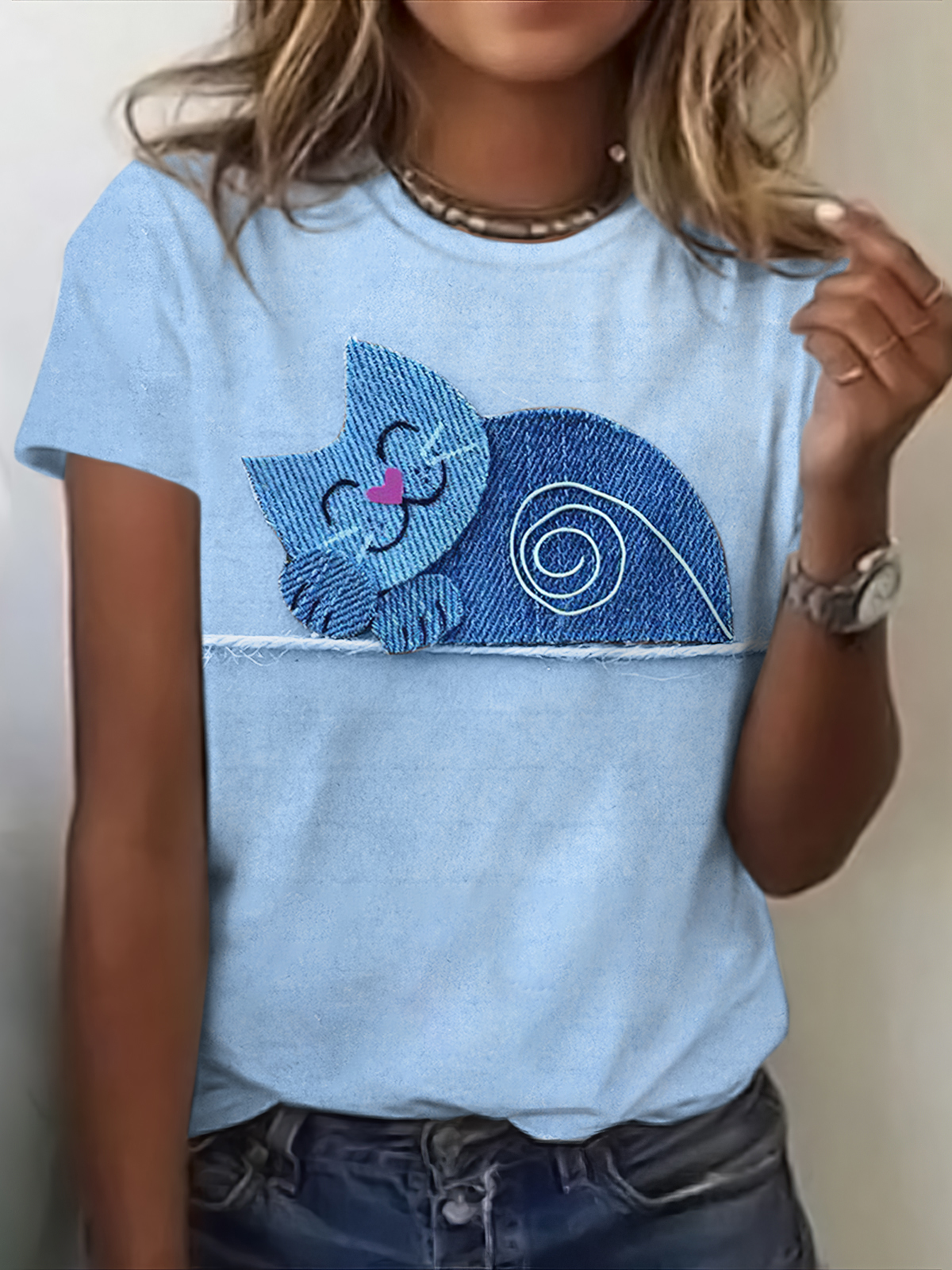 Women's Vintage Denim Patchwork Cat Art Short Sleeve T-shirt