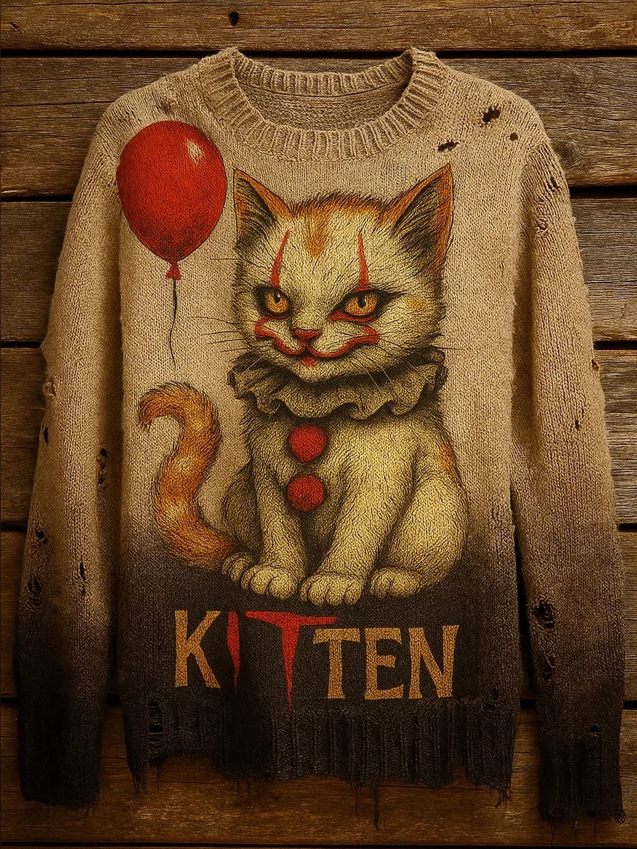 Vintage Halloween Cat Art Print Knit Pullover Sweater