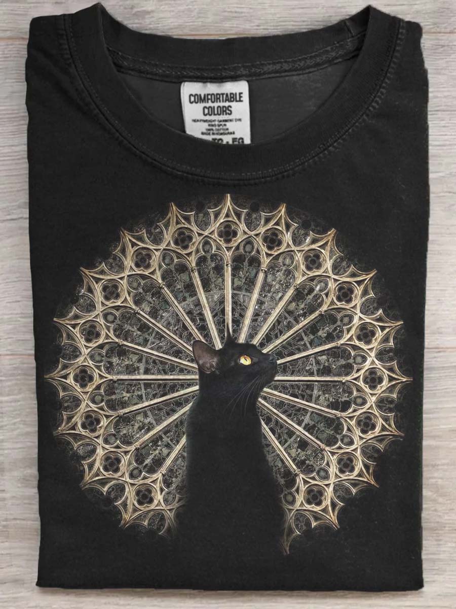 Abstract Black Cat Print Casual Short Sleeve T-Shirt