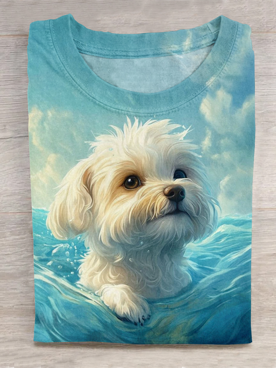 Dog Art Printed Crew Neck Short Sleeve T-Shirt