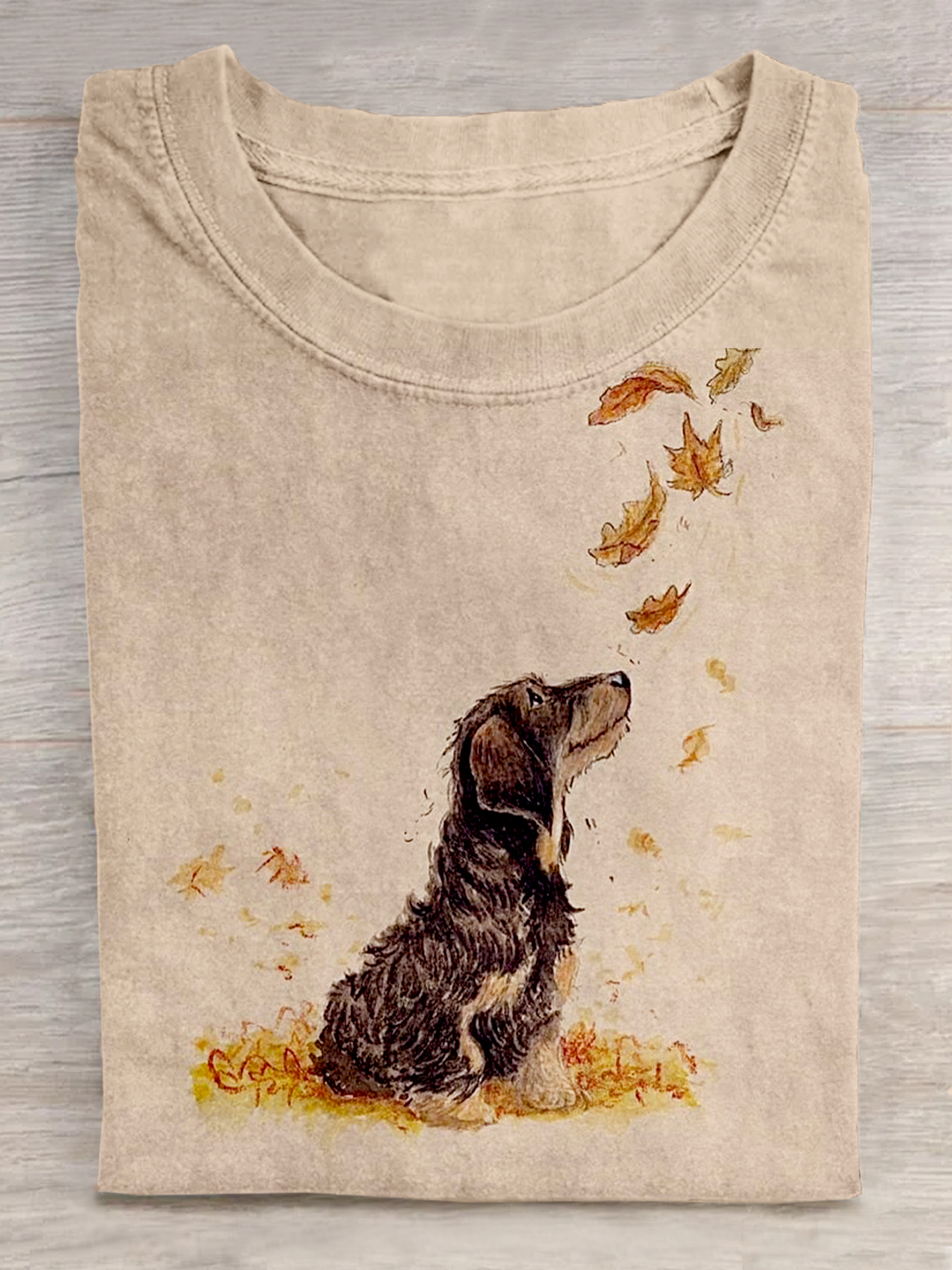 Dogs In Autumn Leaves Art Print Casaul Short Sleeve T-shirt