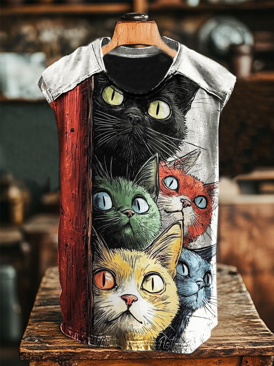 Funny Cat Print 100% Cotton Casual Tank Top