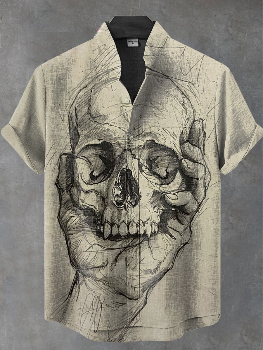 Vintage Skull Print Casual 100% Cotton Shirt