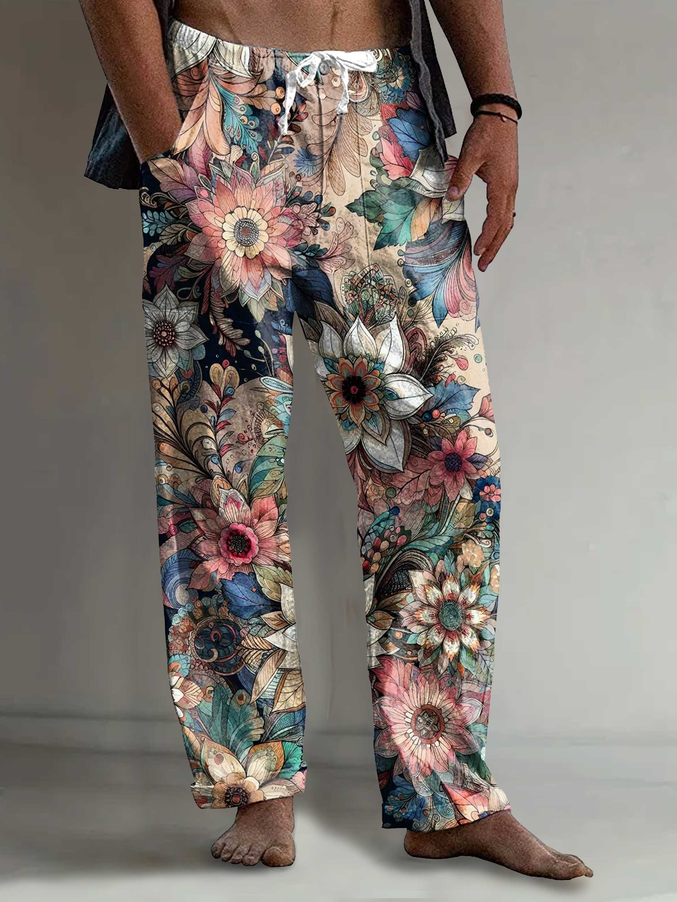 Men's Vintage Floral Art Print Comfy 100% Cotton Pants