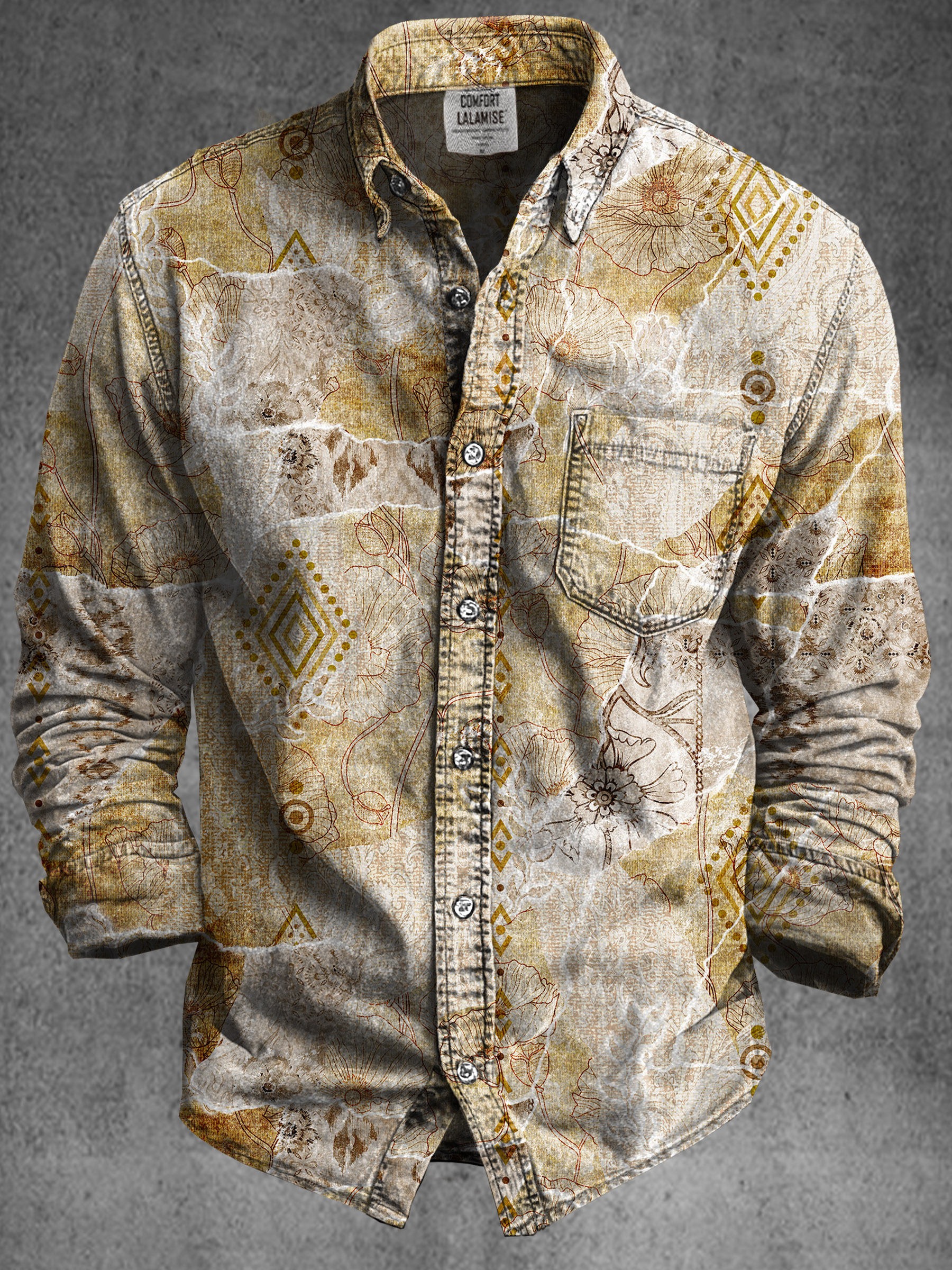 Vintage Abstract Ethnic Floral Art Print 100% Cotton Long Sleeve Shirt