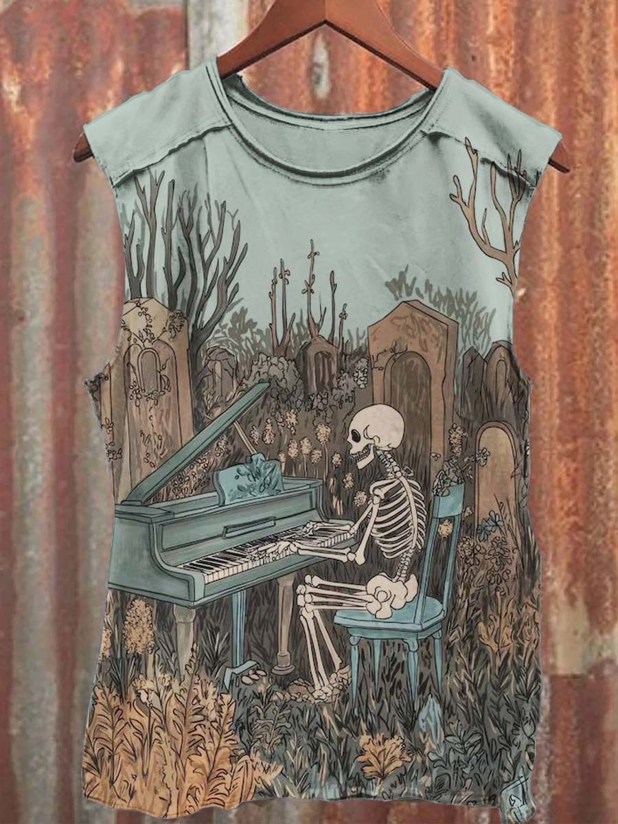 Art Abstract Skull Pianist Print Casual Tank Top
