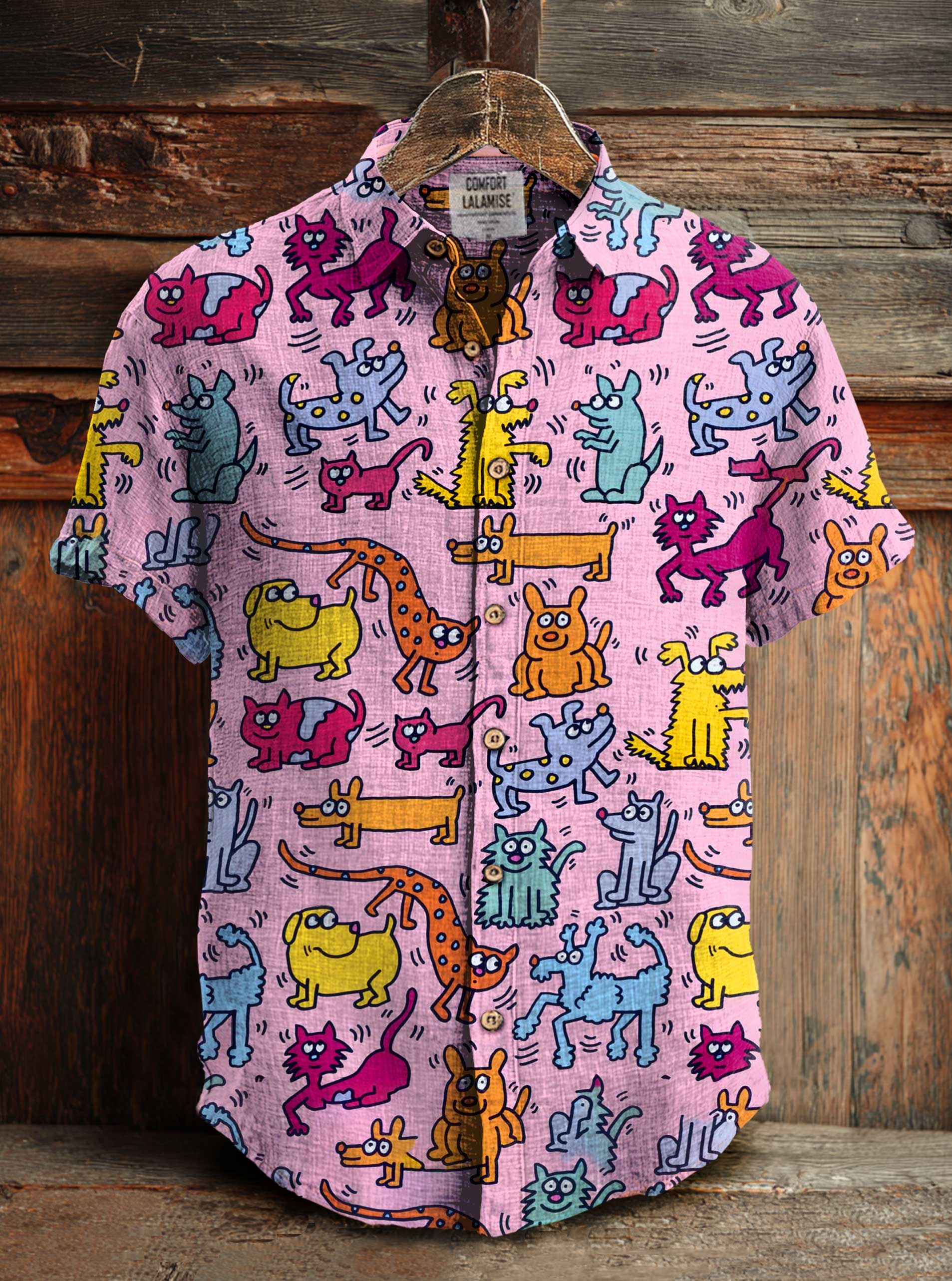 Dog Art Print Casual Cotton And Linen Shirt