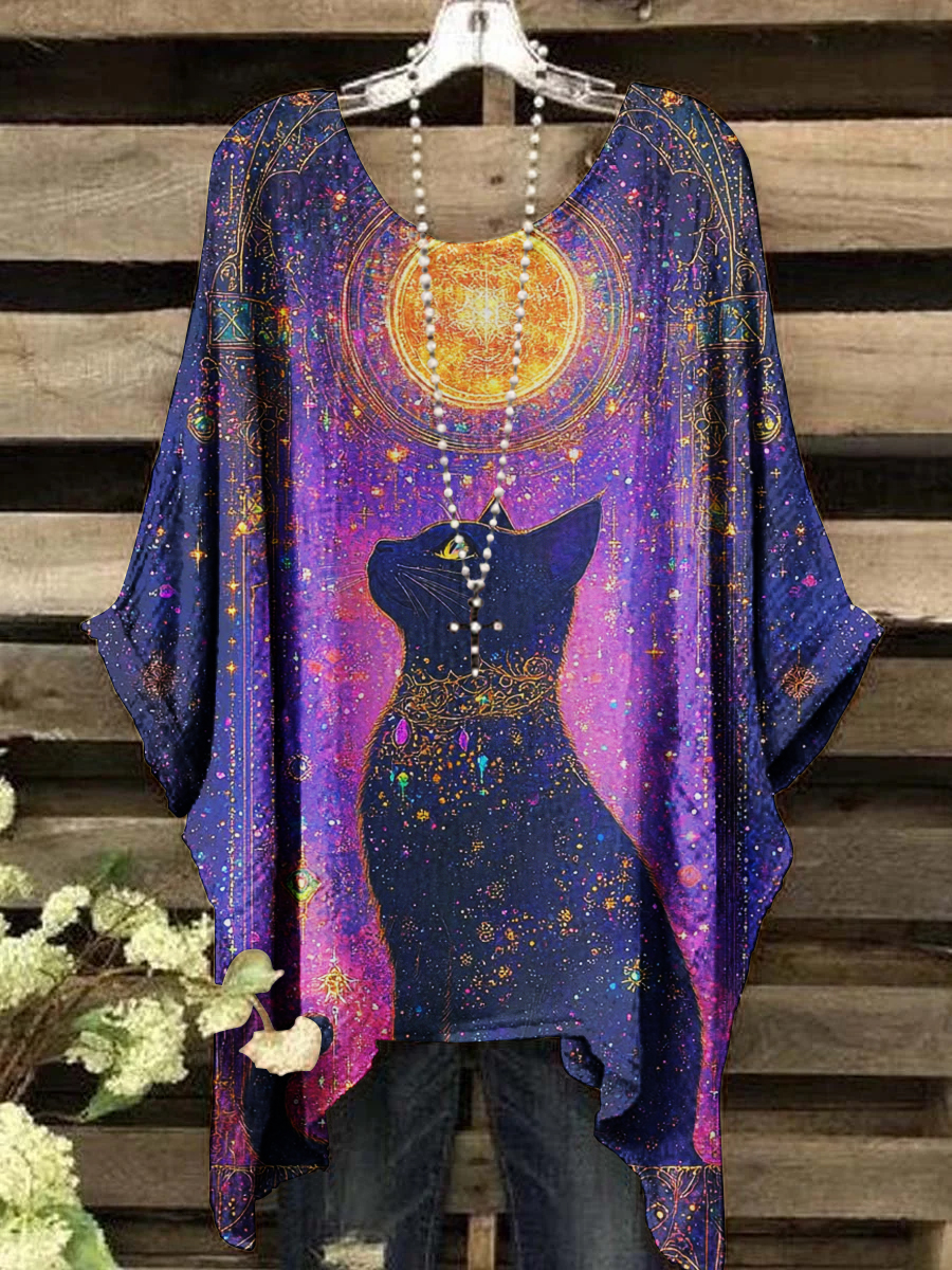 Women's Vintage Black Cat Divination Mystery Print Casual Short Sleeve Top