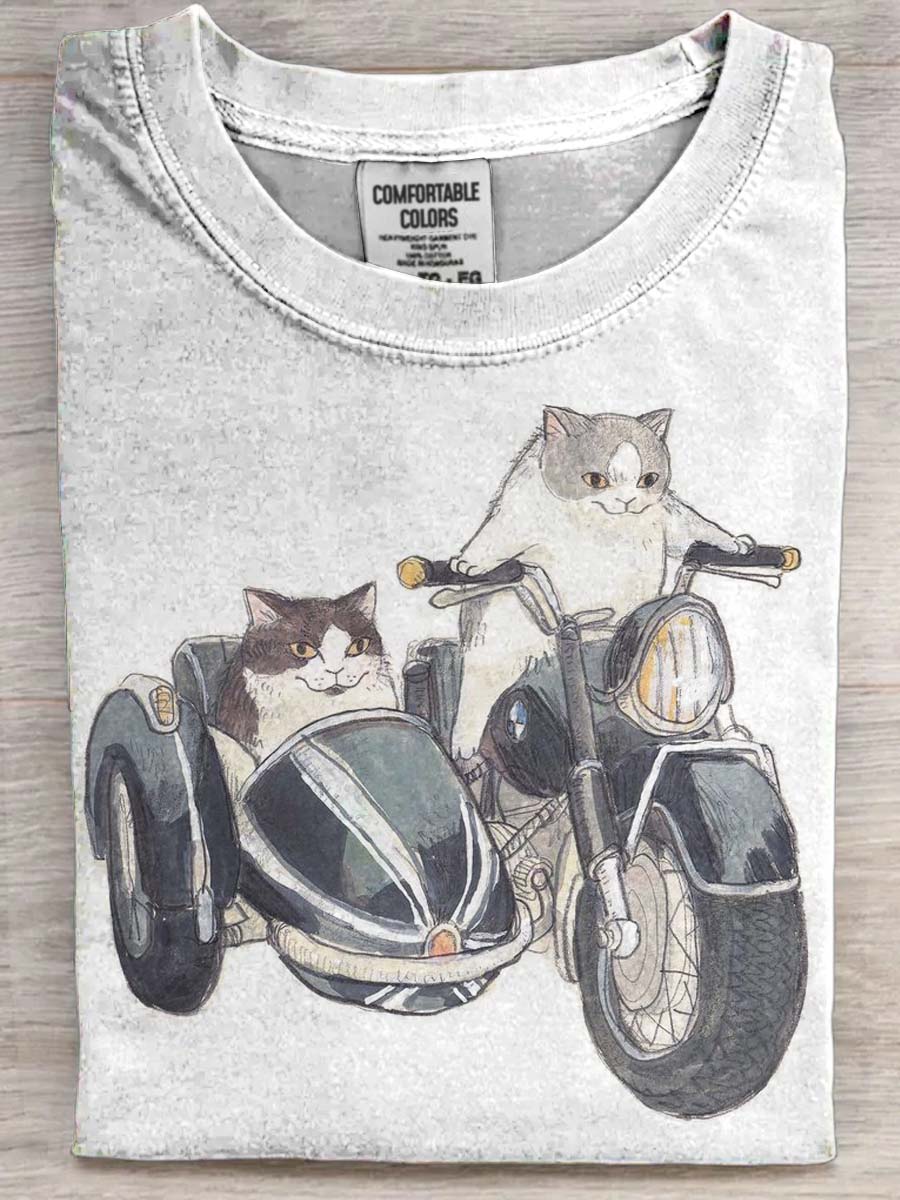 Wacky Biker Cat Print Casual Short Sleeve T-Shirt