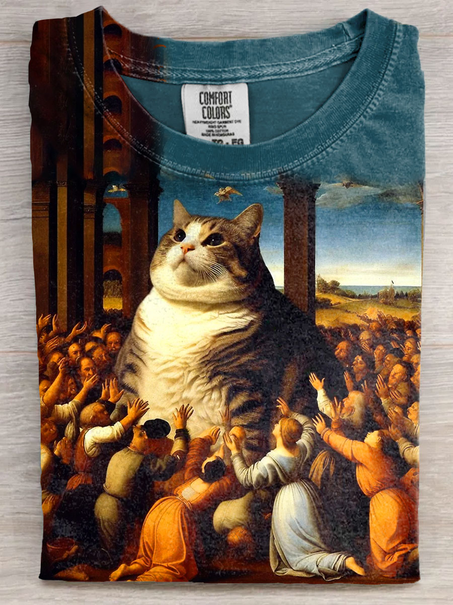 Vintage Renaissance Cat Art Print Casaul Short Sleeve T-shirt