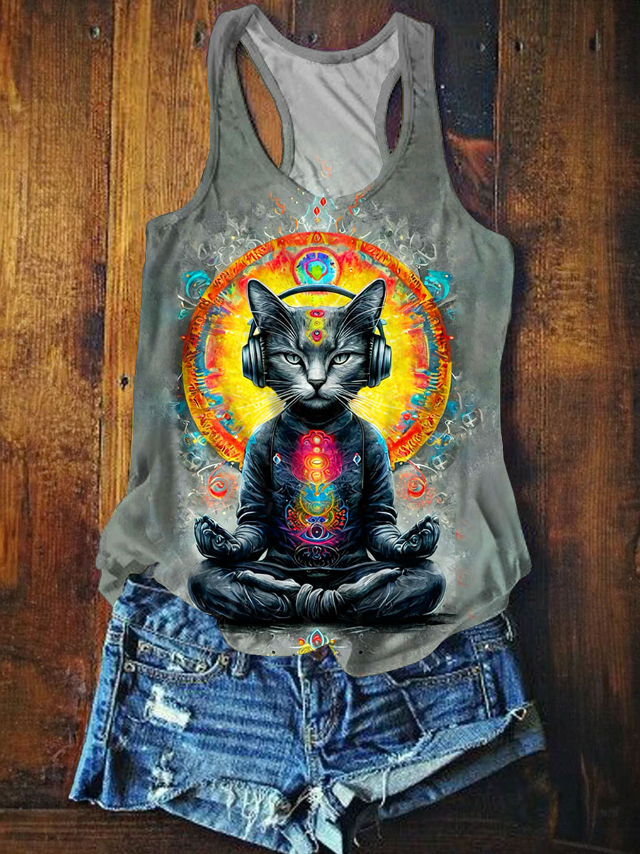 Fancy Yoga Cat Meditation Music Art Tank Top