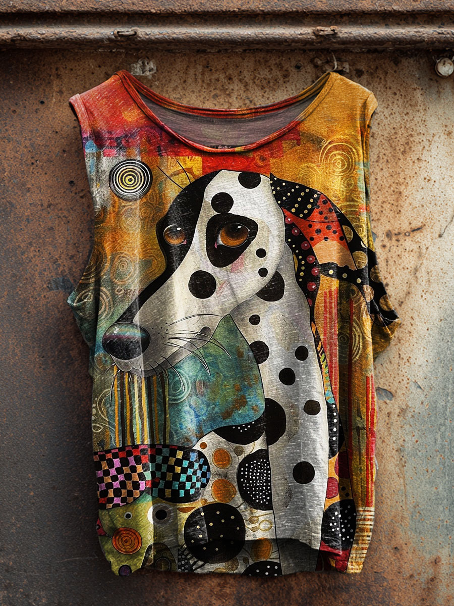 Abstract Art Dog Print 100% Cotton Casual Tank Top
